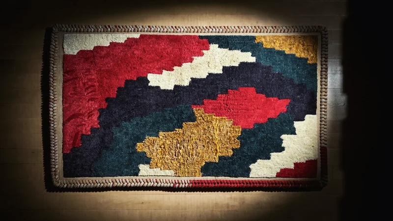 Handgeknüpfter Wollteppich mit geometrischem Muster von oben auf hellem Eichenboden