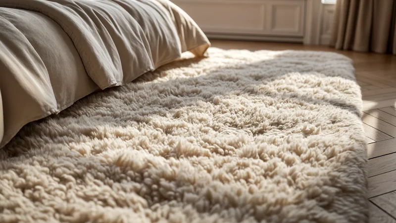 Cremefarbener Hochflor-Teppich neben einem Bett mit Leinenbettwäsche im Morgenlicht